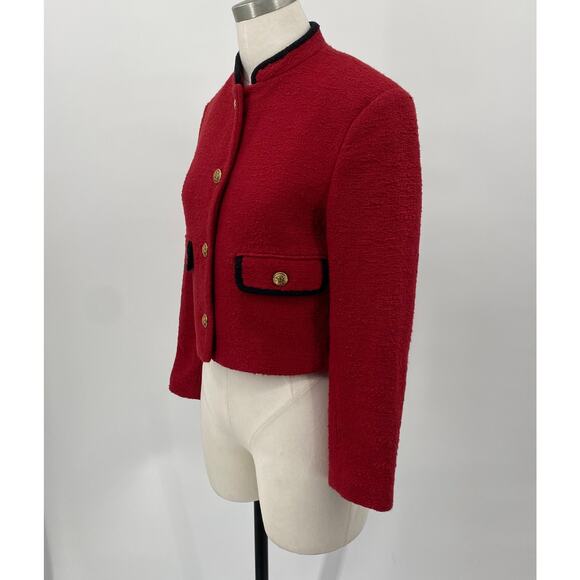 Zara Tweed Blazer Single Breasted High Collar Crest Buttons Down Red Womens XS - Picture 3 of 9